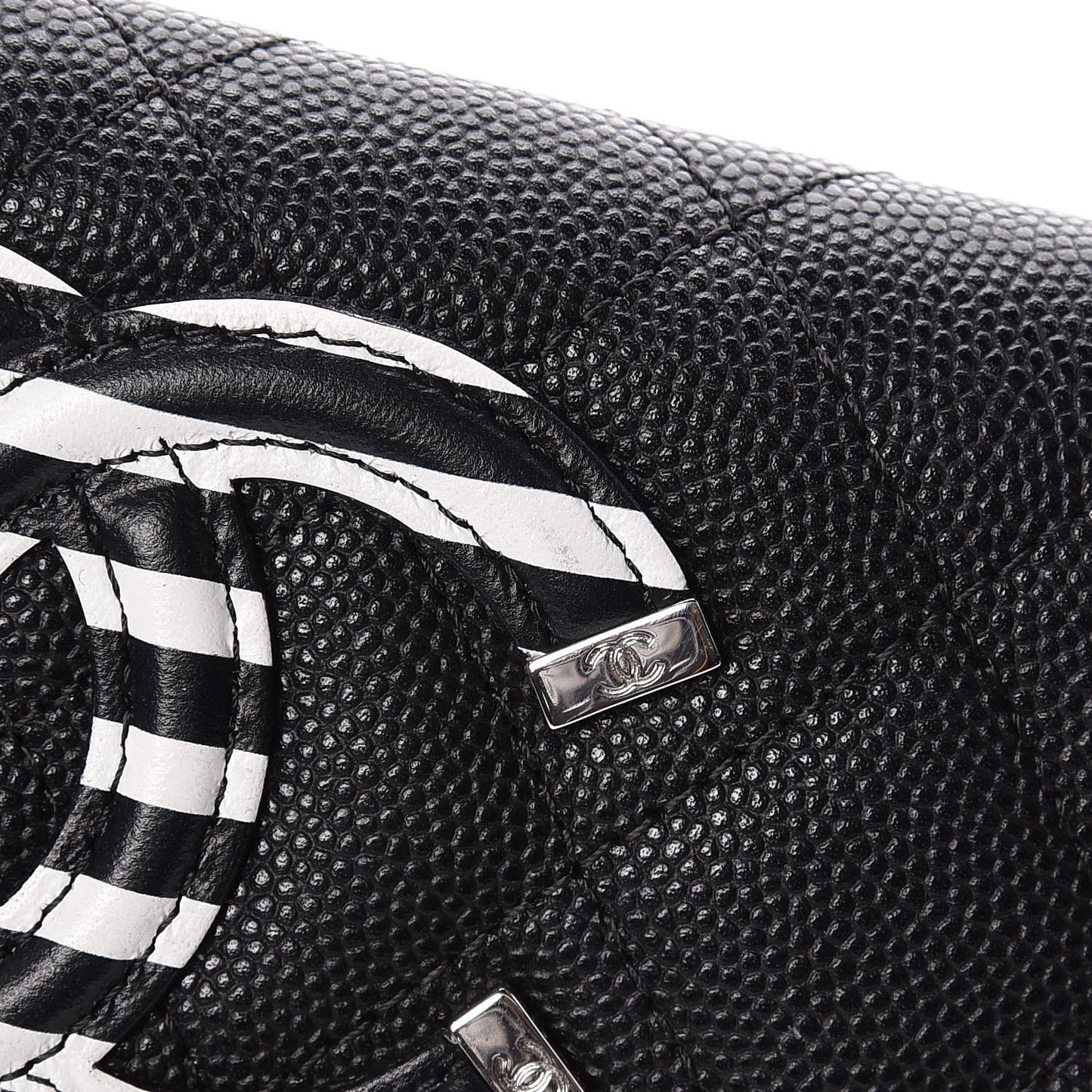 Caviar Quilted Stripe Filigree Zip Wallet Black White