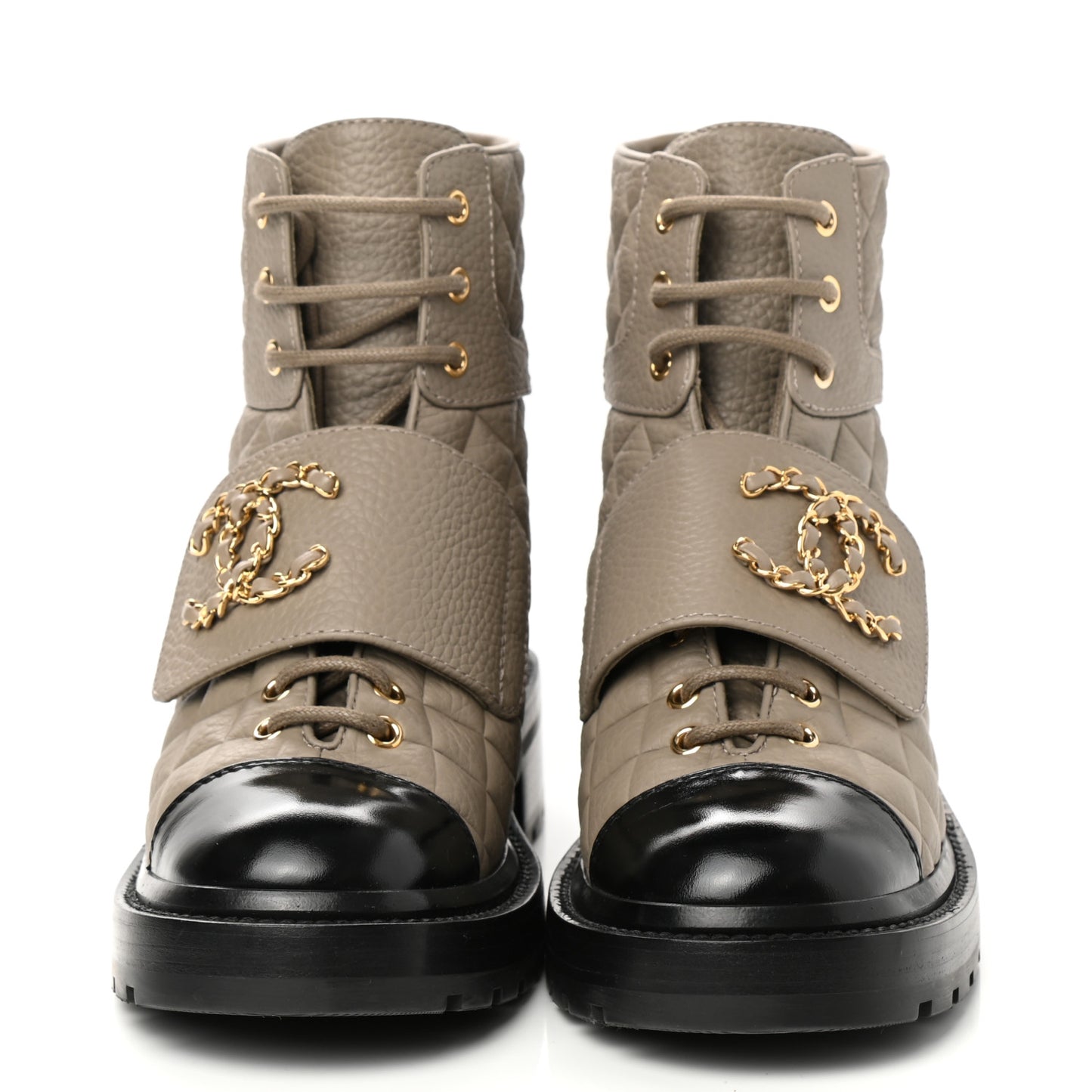 Calfskin Shiny Calfskin Quilted Lace Up Combat Boots 37.5 Dark Beige Black
