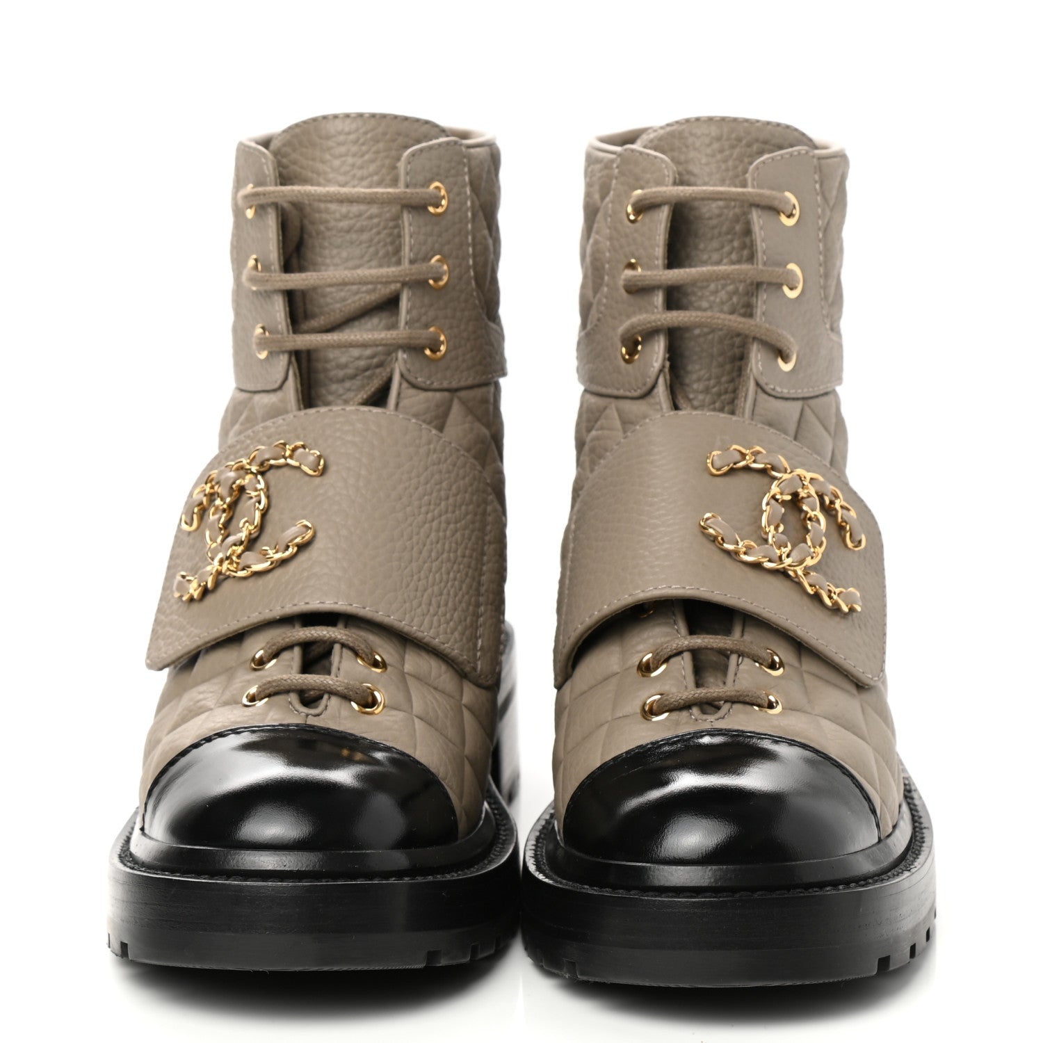 Chanel Calfskin Shiny Calfskin Quilted Lace Up Combat Boots 37.5 Dark Beige Black 2 of 9