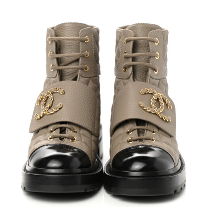 Chanel Calfskin Shiny Calfskin Quilted Lace Up Combat Boots 37.5 Dark Beige Black 2 of 9