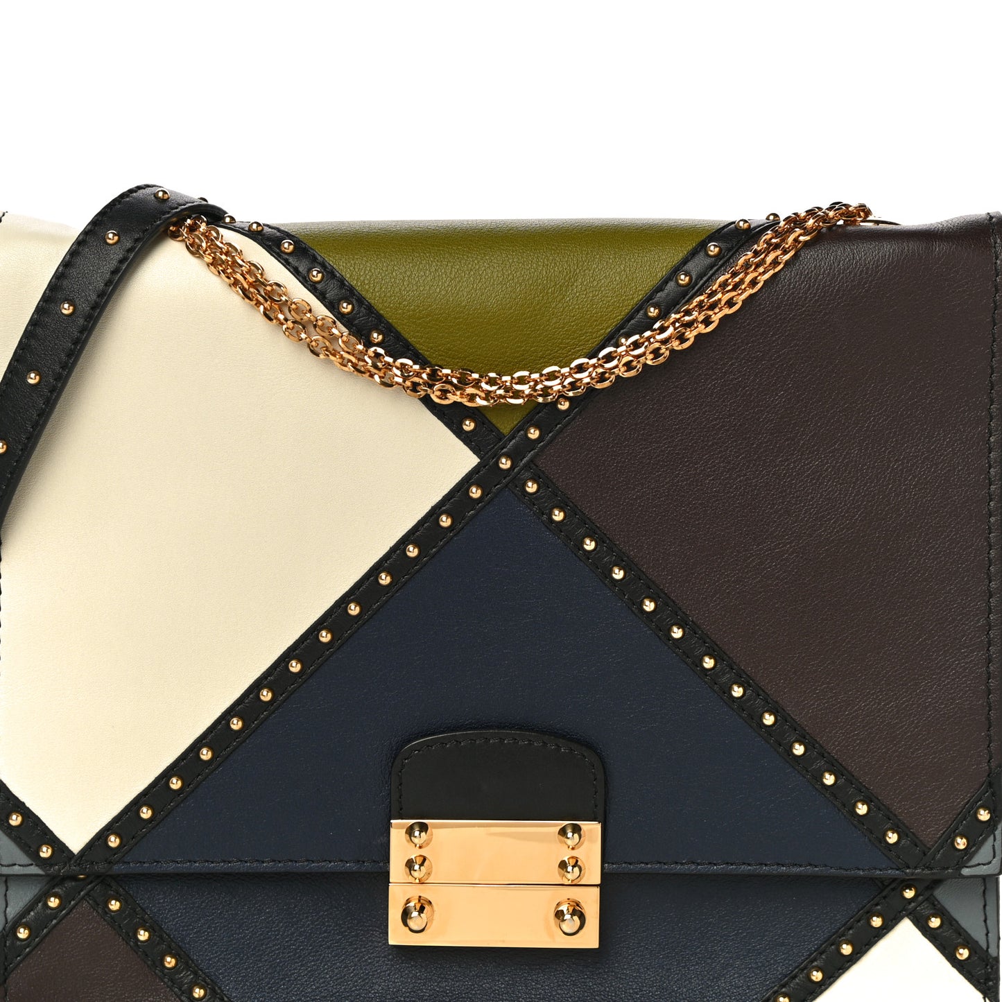 Calfskin Studded Colorblock Patchwork Shoulder Bag Multicolor