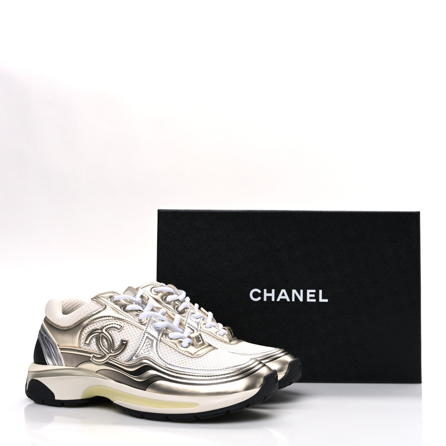 Chanel Fabric Laminated Calfskin Stretch CC Womens Sneakers 39.5 White Silver 11 of 11