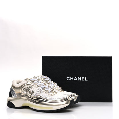 Chanel Fabric Laminated Calfskin Stretch CC Womens Sneakers 39.5 White Silver 11 of 11