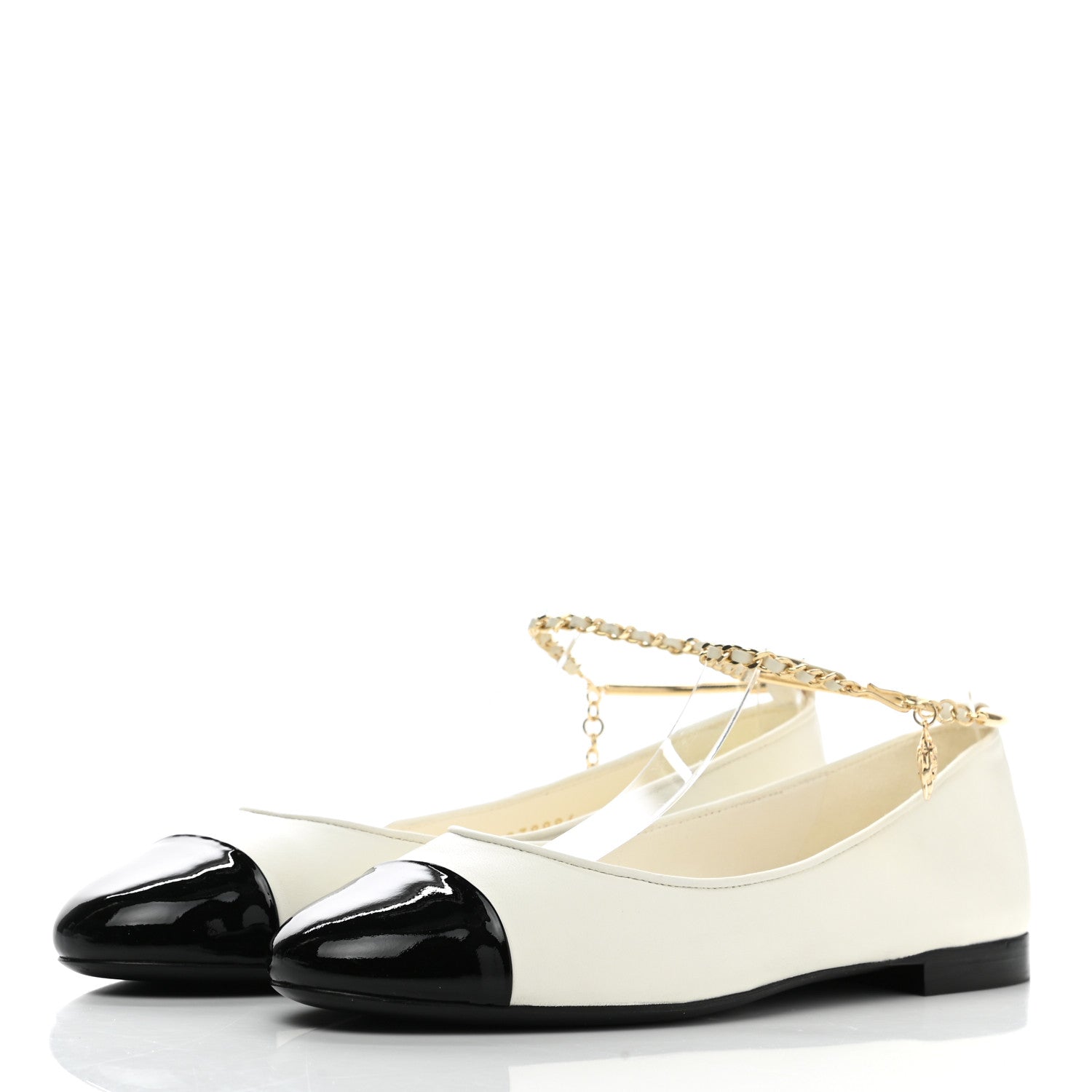 Chanel Lambskin Patent Calfskin Cap Toe Ankle Chain Ballerina Flats 38 White Black 3 of 8