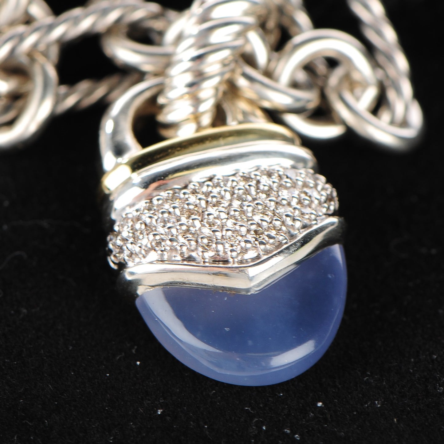 Sterling Silver 18K yellow Gold Pave Diamond Chalcedony 25mm Acorn Figaro Necklace