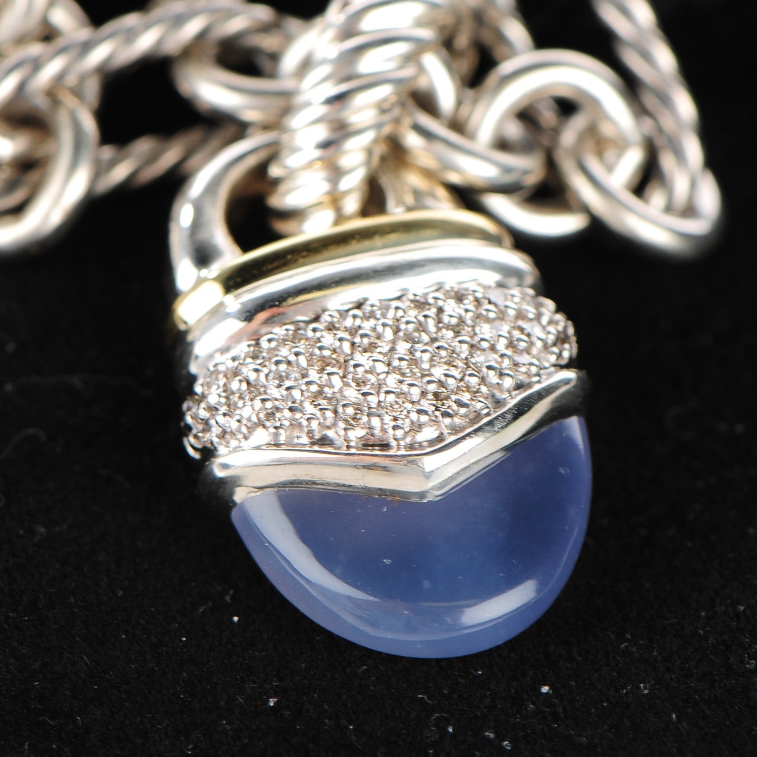 David Yurman Sterling Silver 18K yellow Gold Pave Diamond Chalcedony 25mm Acorn Figaro Necklace 4 of 8