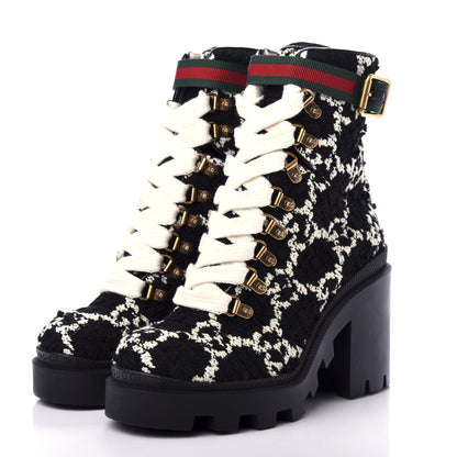 Gucci Tweed GG Monogram Lace Up Combat Ankle Boots 35.5 Black 3 of 9