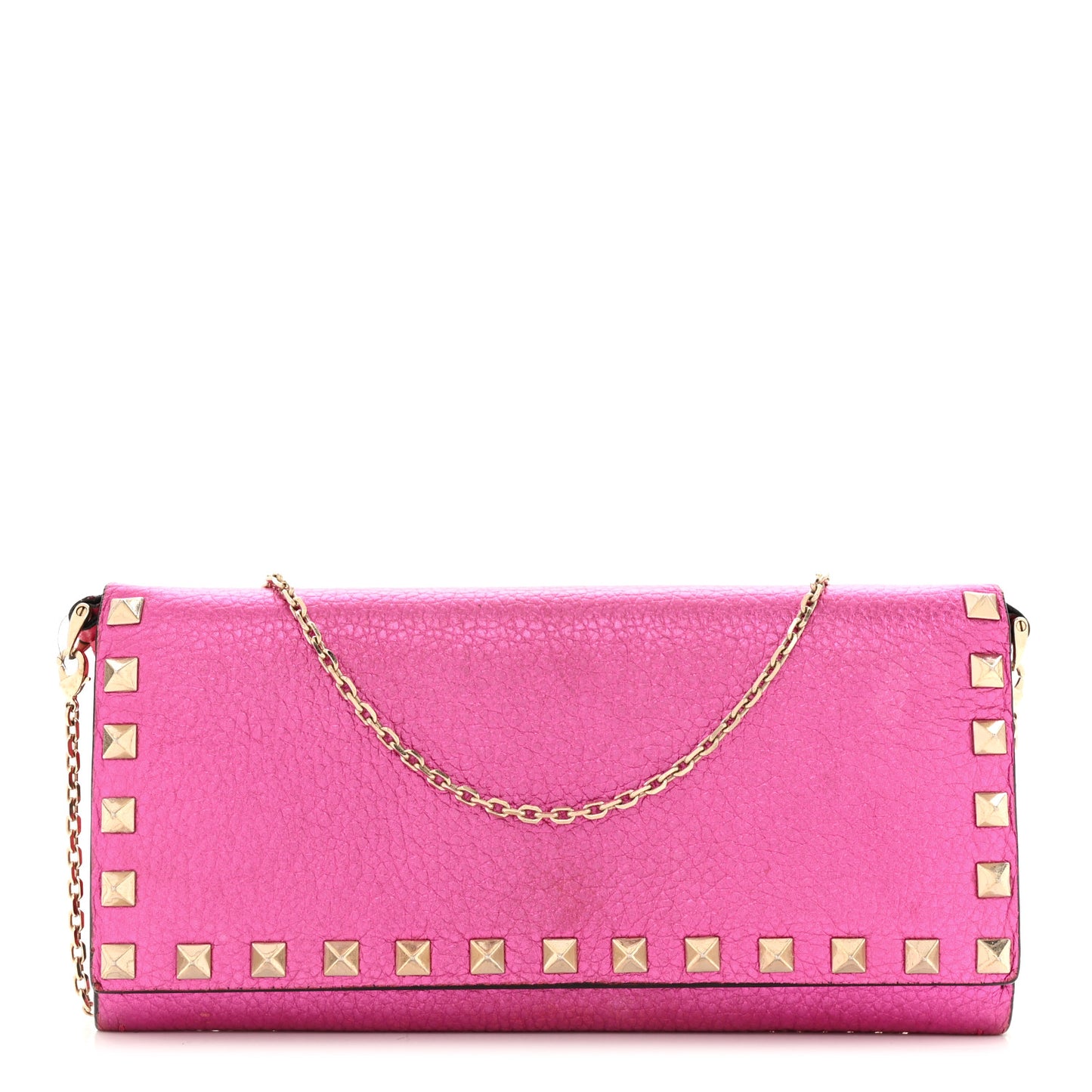 Metallic Pebbled Calfskin Rockstud Flap Wallet On Chain Peony