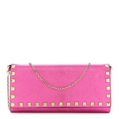 Valentino Garavani Metallic Pebbled Calfskin Rockstud Flap Wallet On Chain Peony 1 of 12