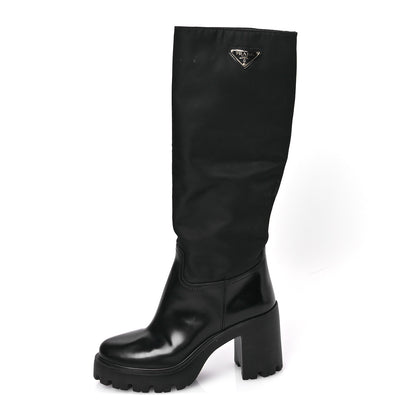 Prada Spazzolato Re-Nylon Metal Triangle Logo 90mm Tall Boots 37 Black 1 of 9