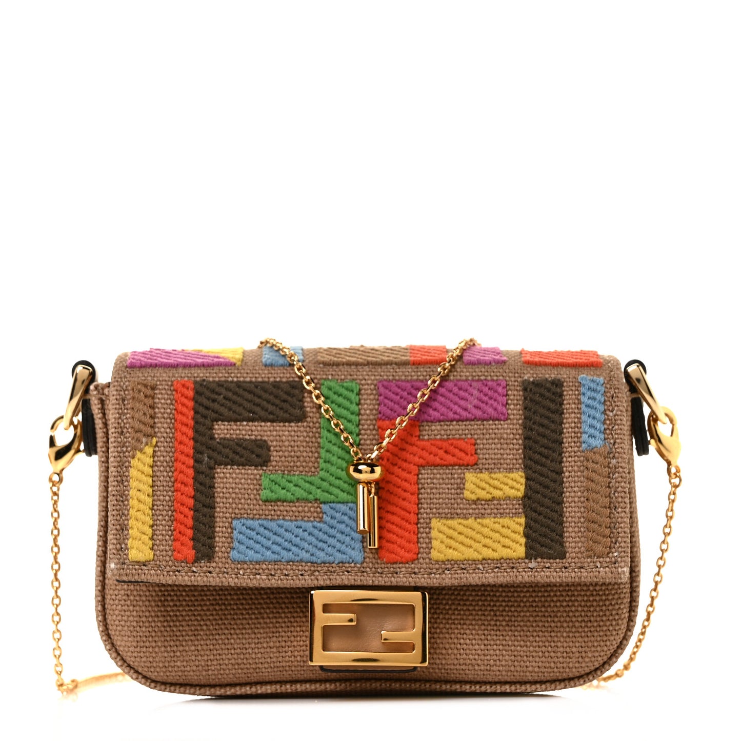 Canvas Vitello King FF Multicolor Embroidered Nano Baguette Charm Multicolor Cuoio