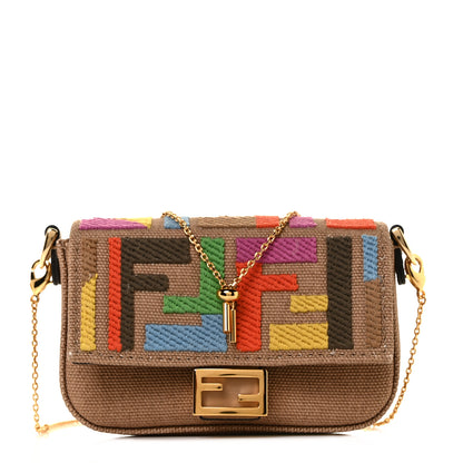 Fendi Canvas Vitello King FF Multicolor Embroidered Nano Baguette Charm Multicolor Cuoio 1 of 8