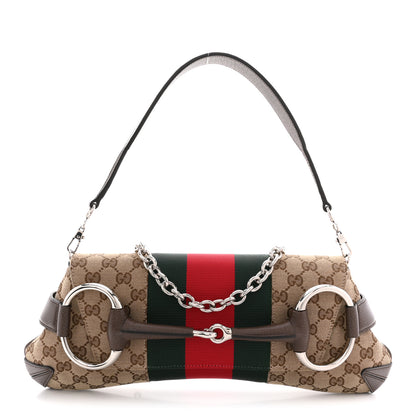 Gucci Monogram Textured Dollar Calfskin Heavy Grosgrain Web Medium Maxi Horsebit Chain Shoulder Bag Beige Ebony New Acero 1 of 10
