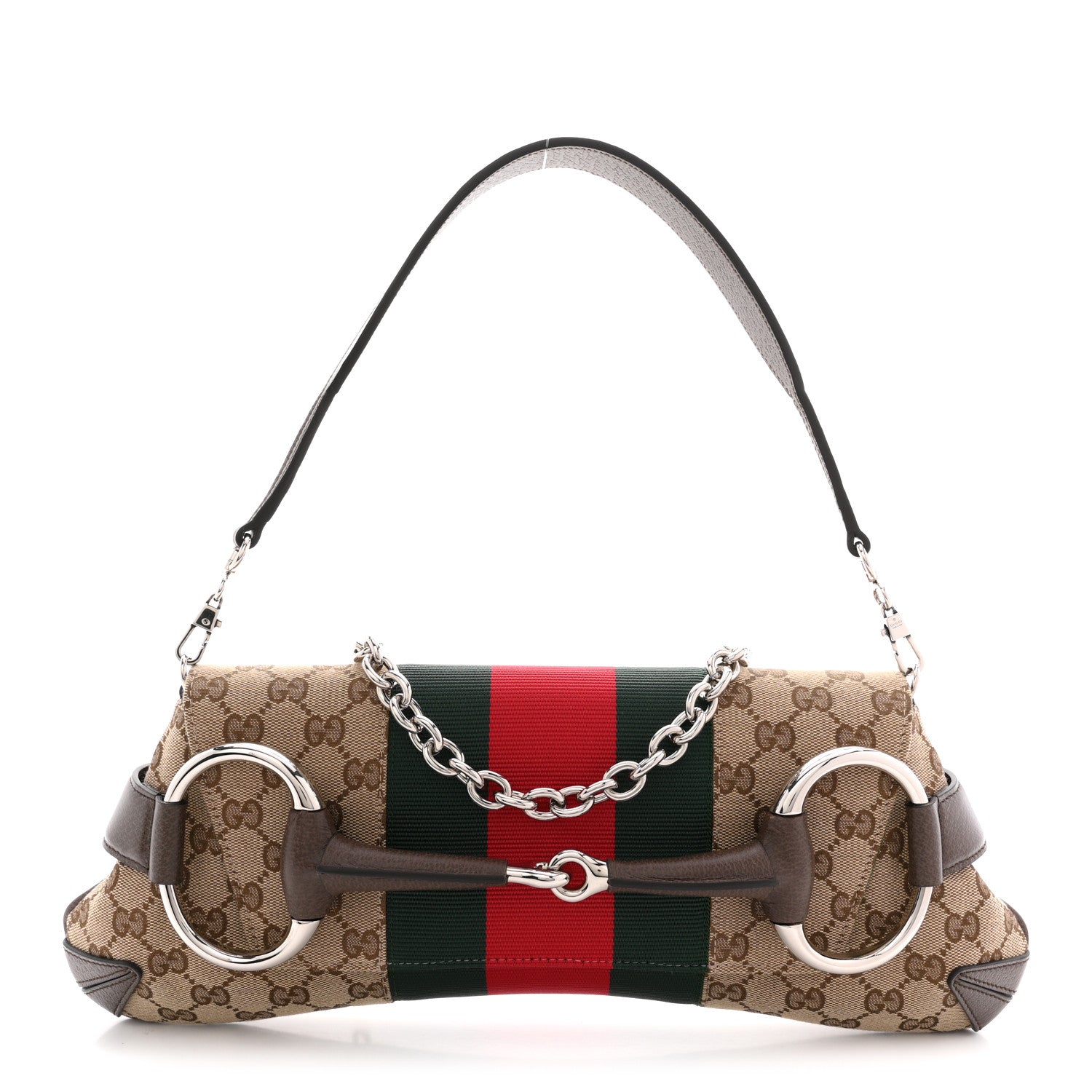 Gucci Monogram Textured Dollar Calfskin Heavy Grosgrain Web Medium Maxi Horsebit Chain Shoulder Bag Beige Ebony New Acero 1 of 10