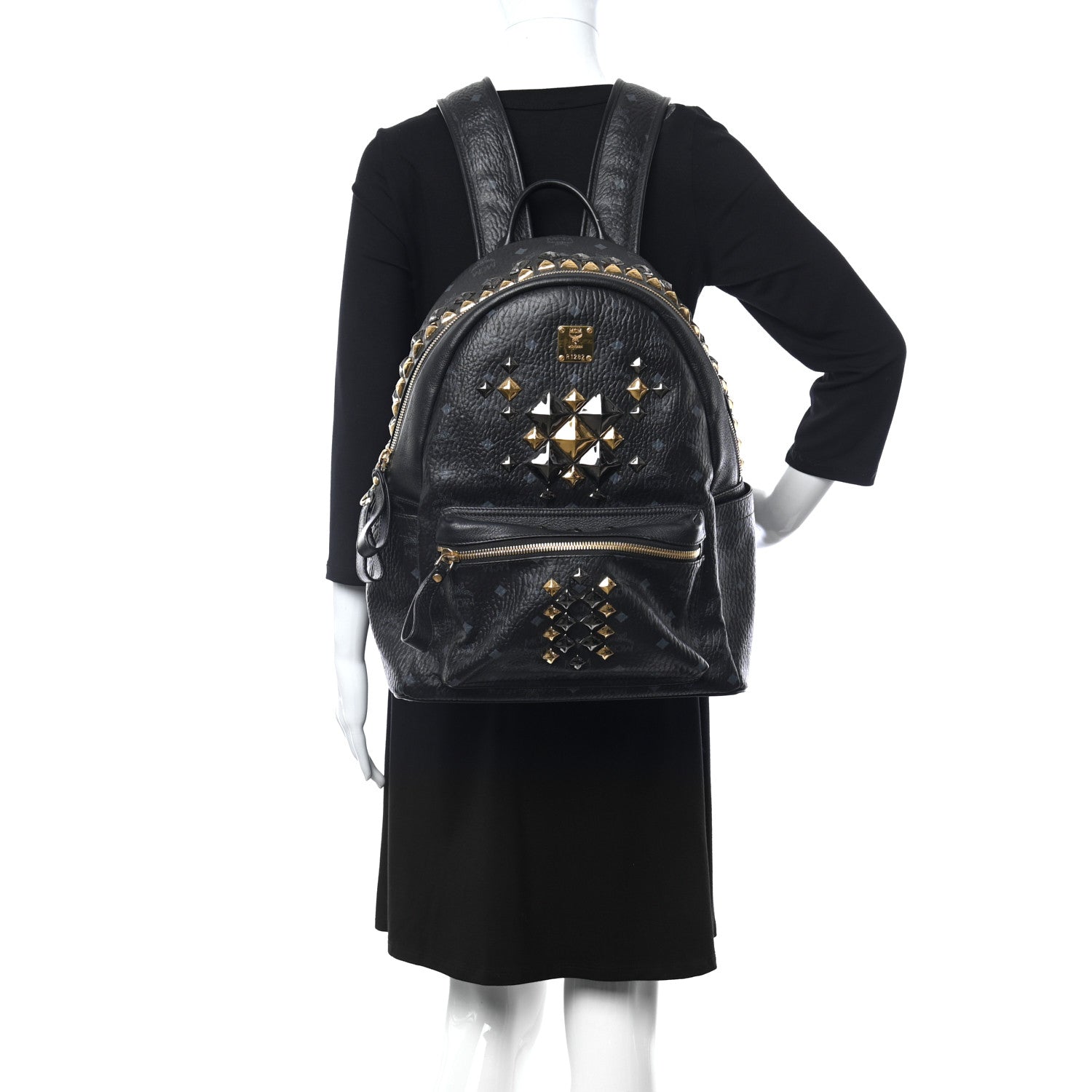 MCM Visetos Studded Colorblock Medium Stark Brock Backpack Black 2 of 10