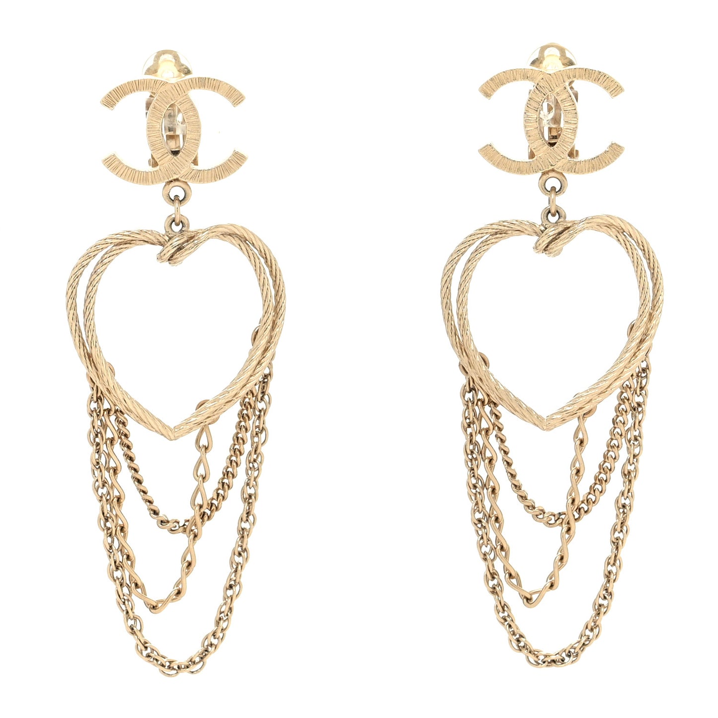 CC Heart Chain Drop Clip On Earrings Gold