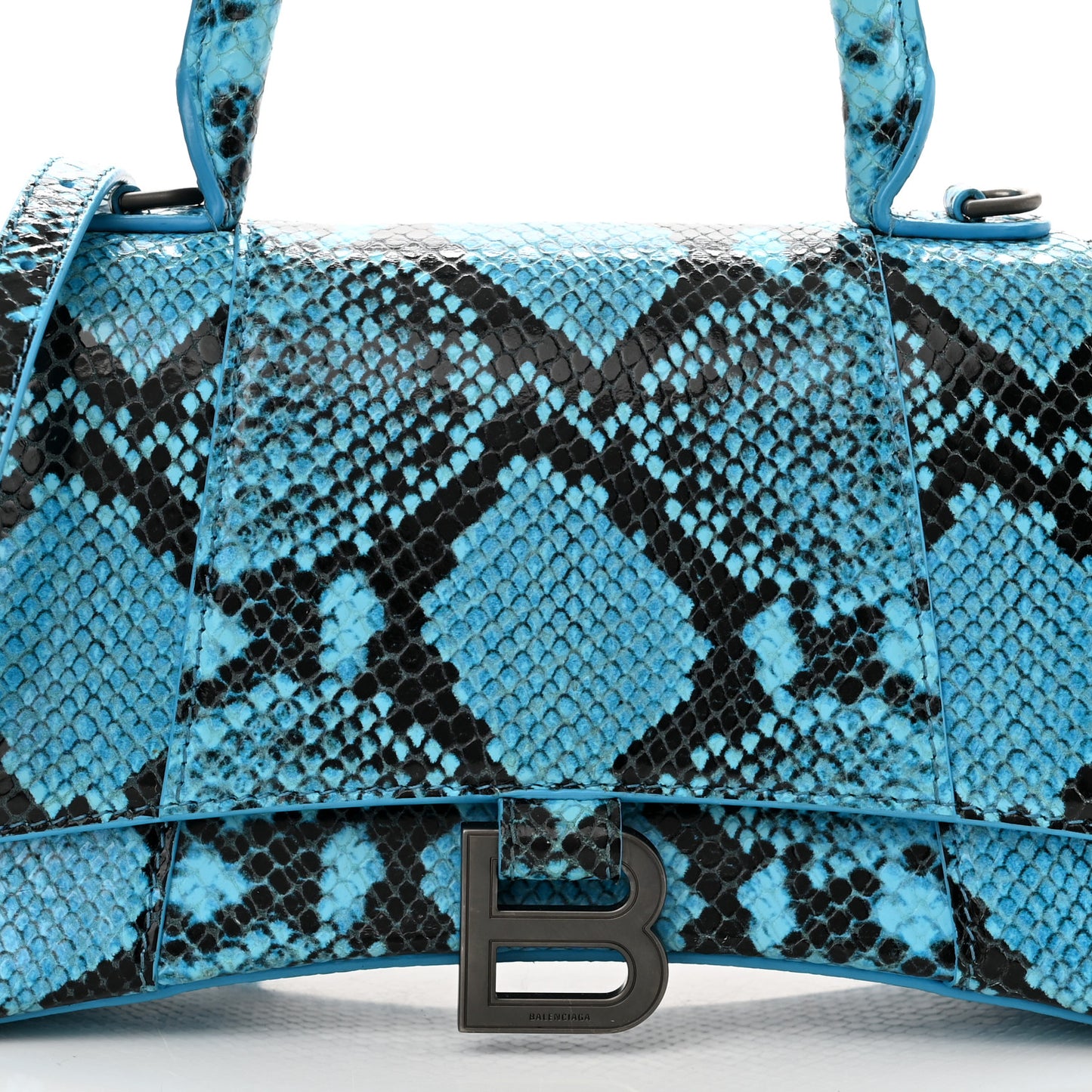 Shiny Calfskin Python Effect Small Hourglass Top Handle Bag Azur Black