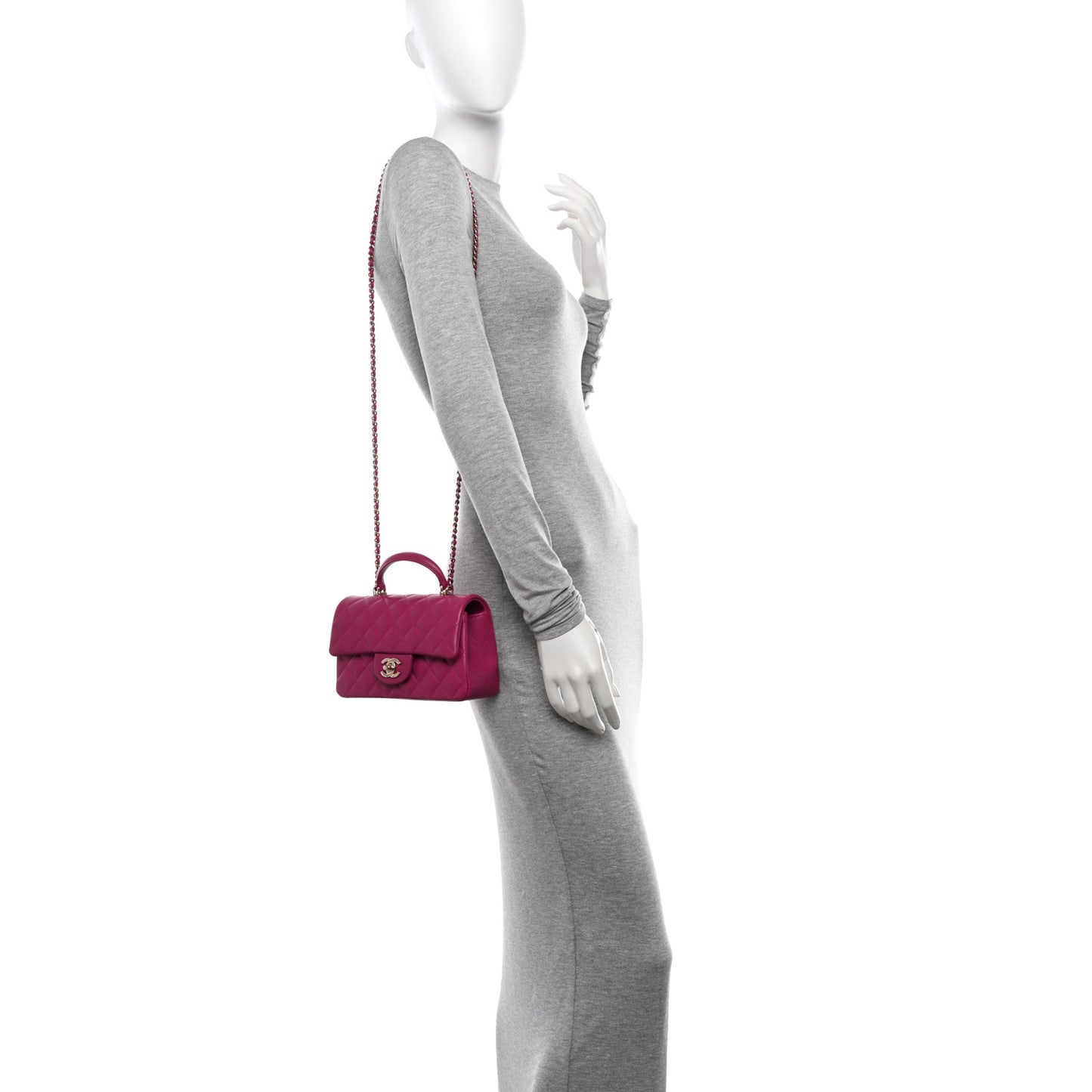 Lambskin Quilted Mini Top Handle Rectangular Flap Fuchsia