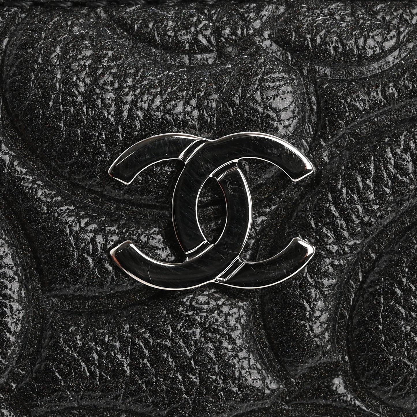 Goatskin Camellia Embossed Cosmetic Pouch Anthracite