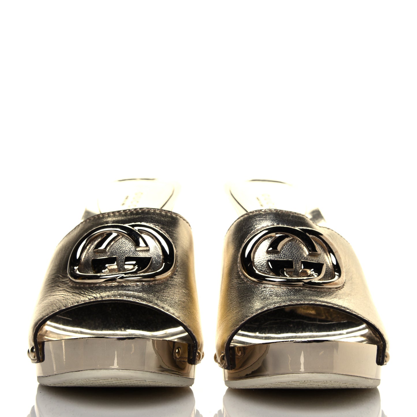 Metallic Calfskin GG Icon Bit Platform Clog High Heel Slide Sandals 9.5 Gold