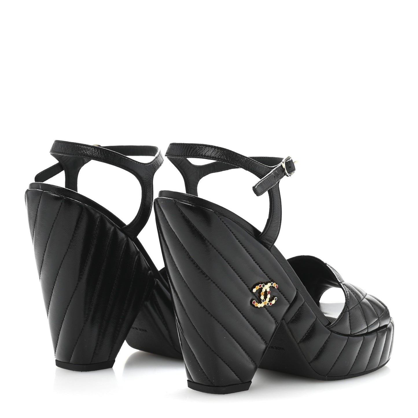 Shiny Lambskin Quilted Platform Sandals 38.5 Black