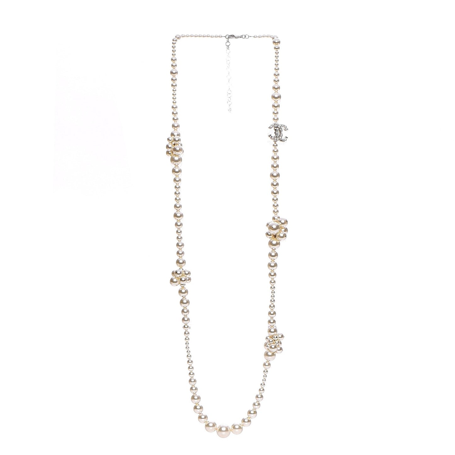 Pearl Cluster CC Long Necklace Silver