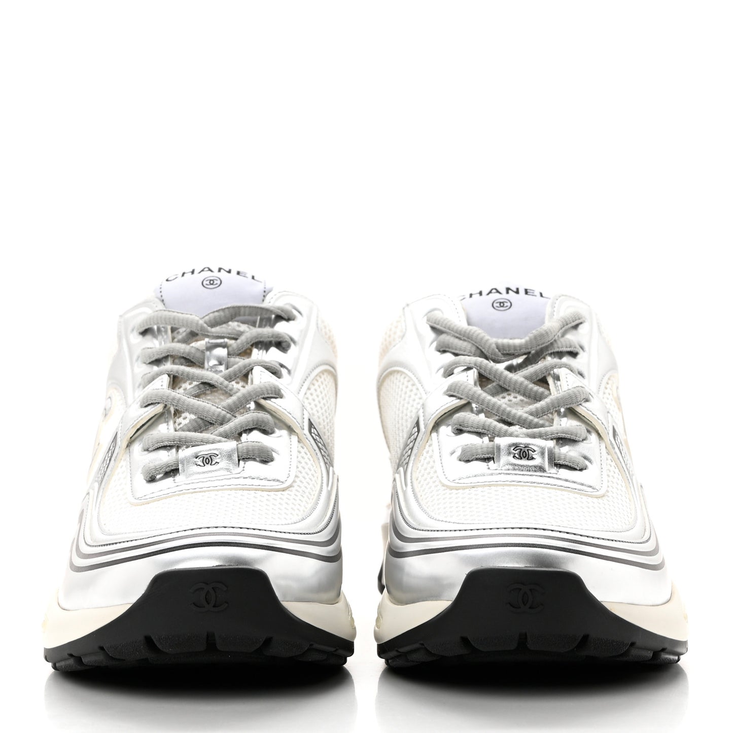 Fabric Laminated Calfskin Stretch CC Sneakers 40.5 White Silver
