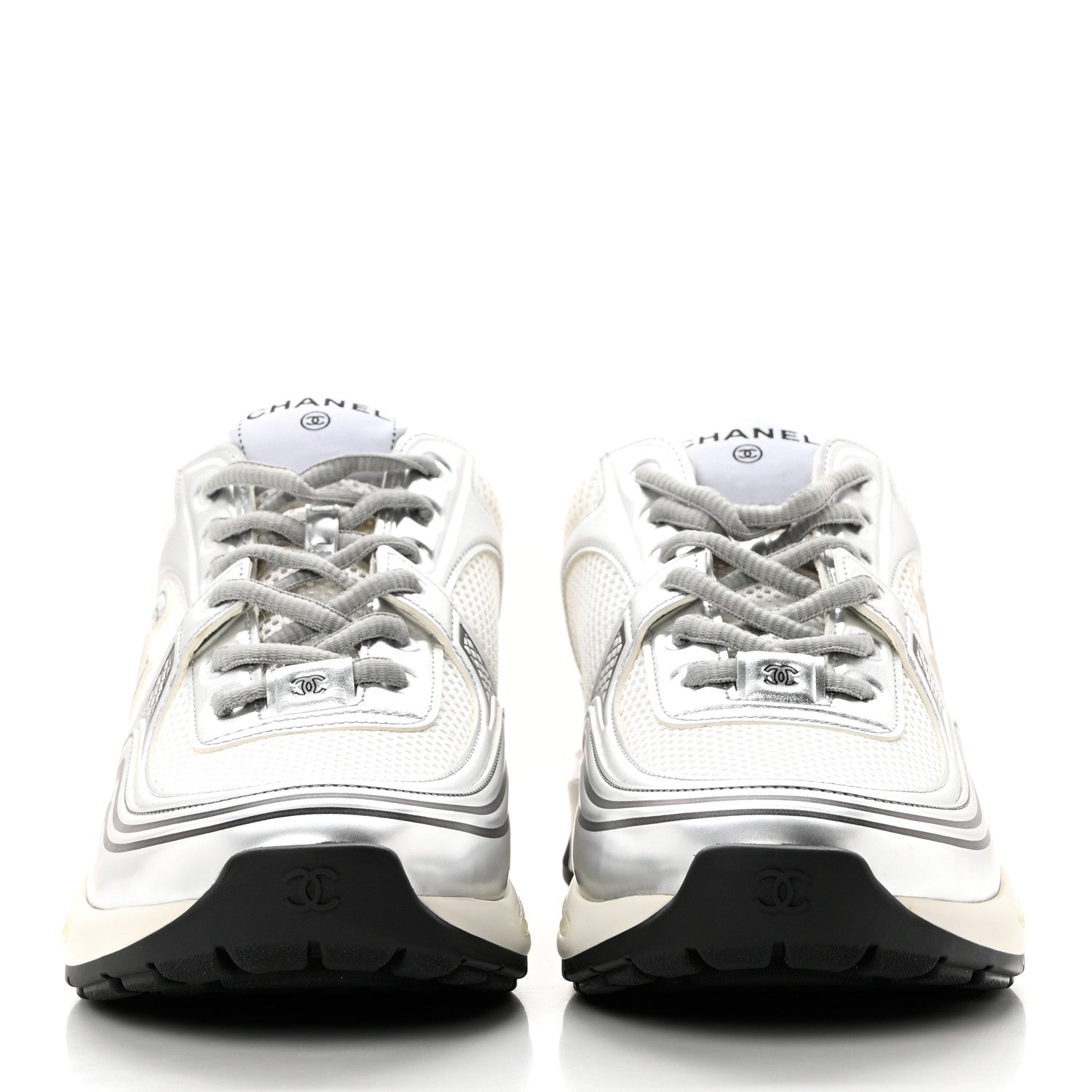 Chanel Fabric Laminated Calfskin Stretch CC Sneakers 40.5 White Silver 2 of 9