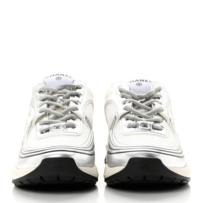Chanel Fabric Laminated Calfskin Stretch CC Sneakers 40.5 White Silver 2 of 9