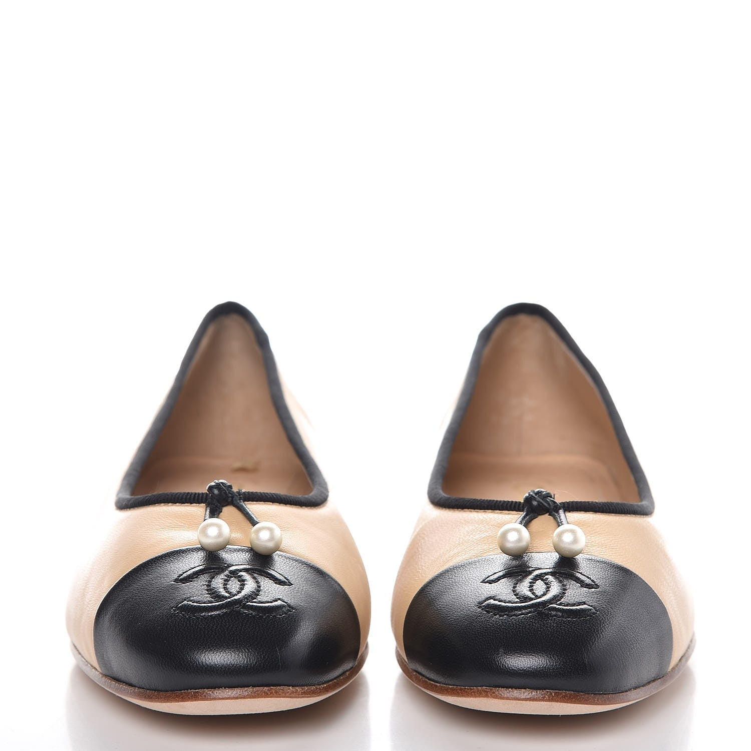 Chanel Lambskin Pearl Cap Toe Ballerina Flats 37.5 Beige Black 2 of 8