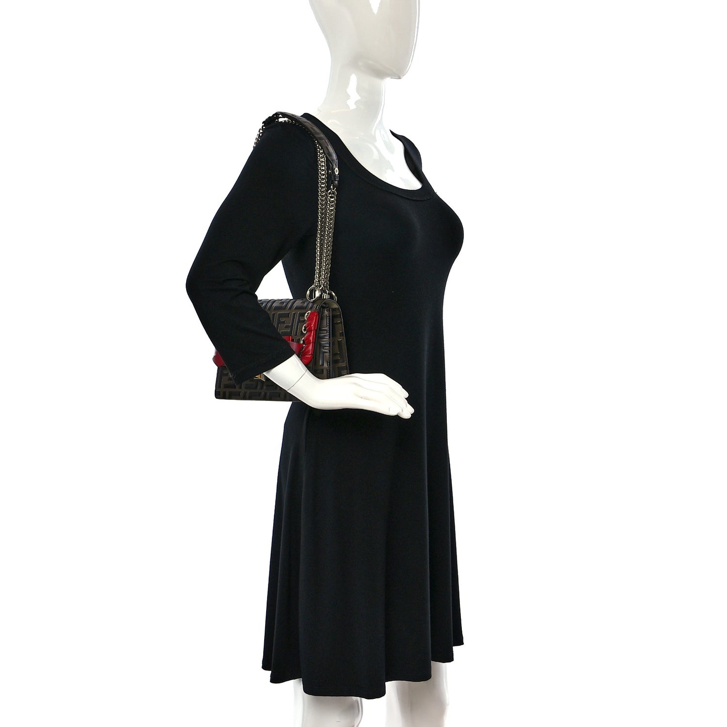 Vitello Shiny Nappa Bi-Color FF 1974 Lace Up Bow Embossed Small Kan I Shoulder Bag Maya Black Fragola