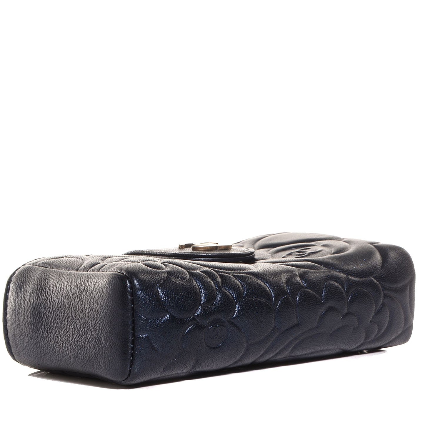 Lambskin Camellia Embossed Mini Phone Holder Clutch Dark Blue