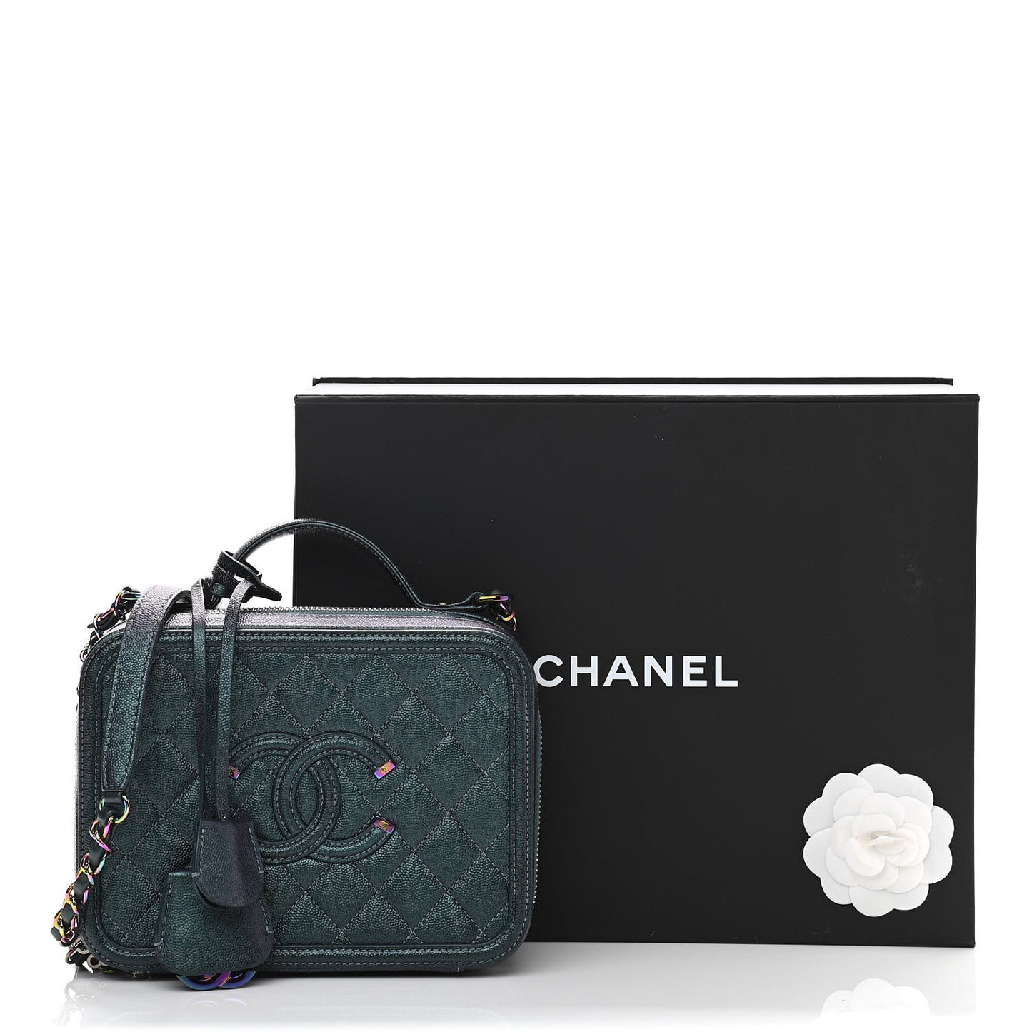 Iridescent Caviar Quilted Medium CC Filigree Vanity Case Dark Turquoise