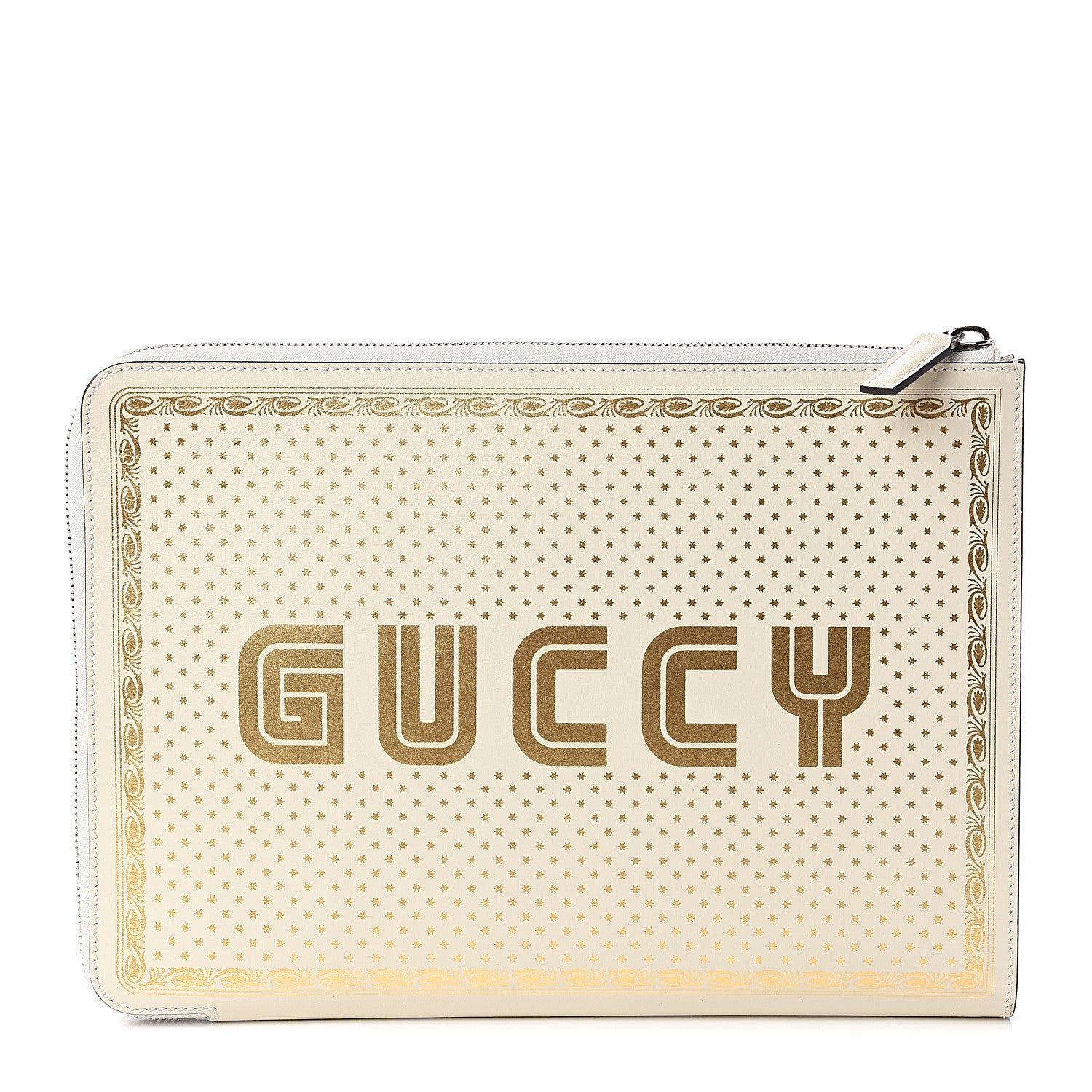 Gucci X SEGA Calfskin GUCCY Stars Zip Clutch Bag Mystic White Gold 1 of 8