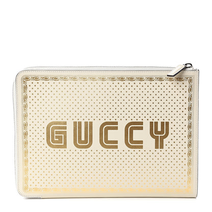 Gucci X SEGA Calfskin GUCCY Stars Zip Clutch Bag Mystic White Gold 1 of 8