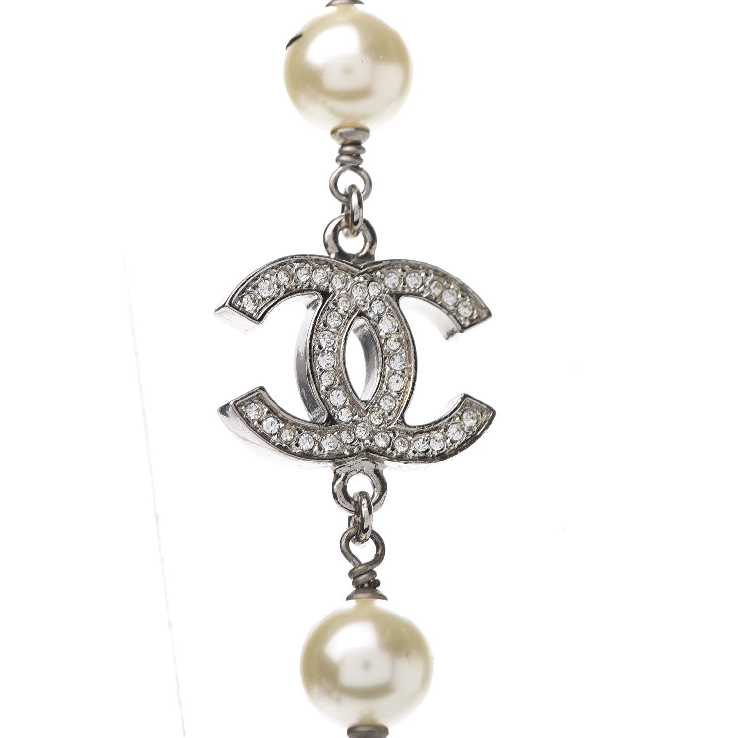 Chanel Crystal Pearl CC Long Necklace Silver 5 of 10