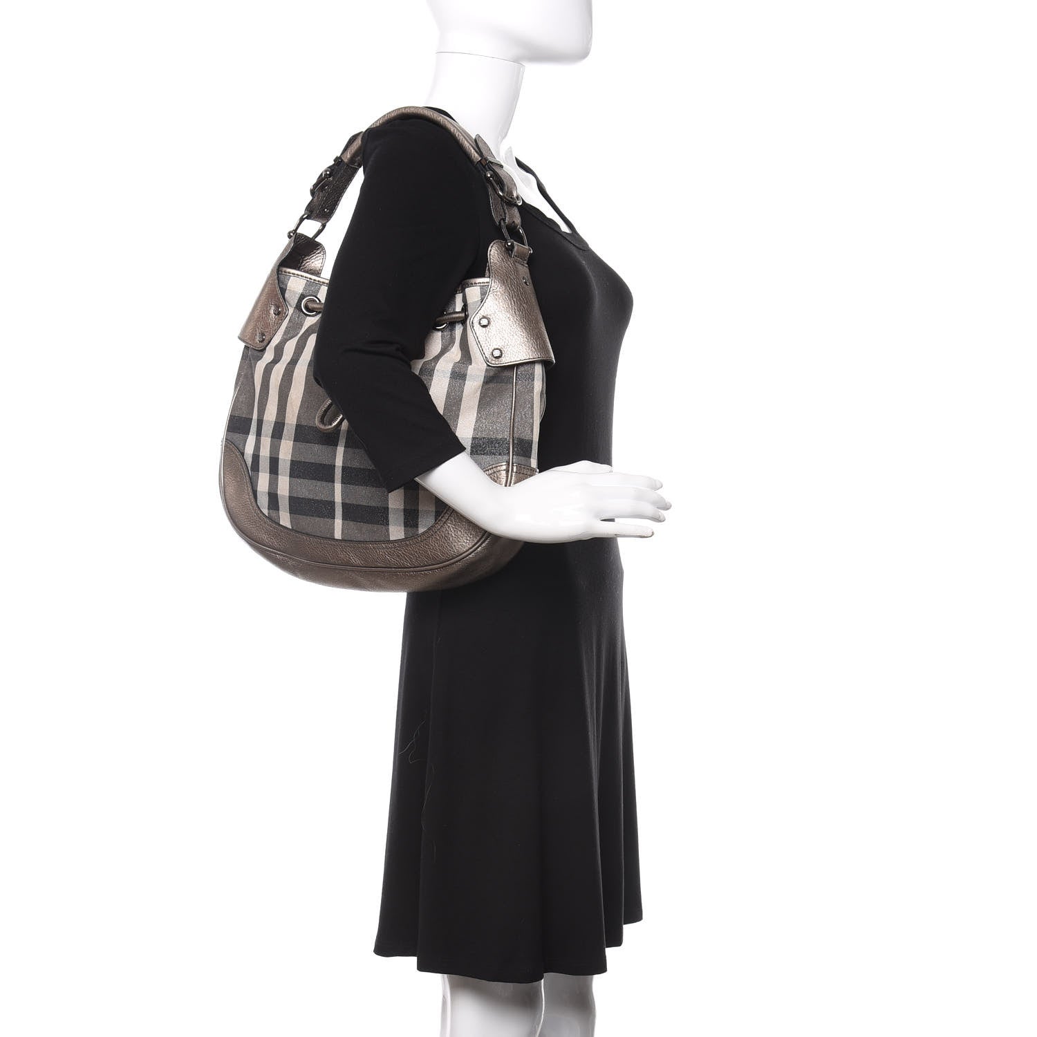Burberry Metallic Calfskin House Check Hobo Pewter 2 of 13