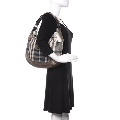 Burberry Metallic Calfskin House Check Hobo Pewter 2 of 13