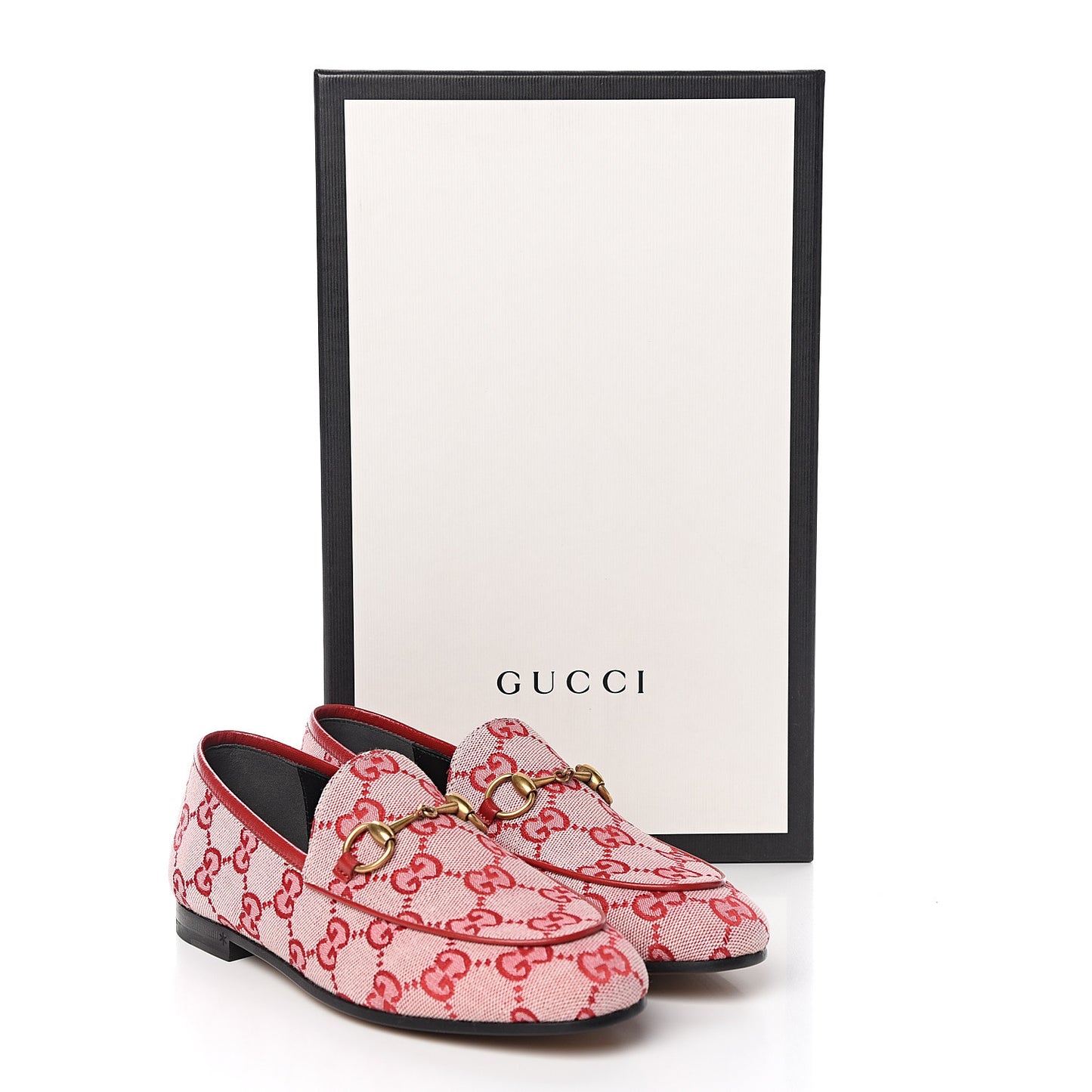 Canvas GG Monogram Horsebit Womens Jordaan Loafers 34 Gardenia Hibiscus Red
