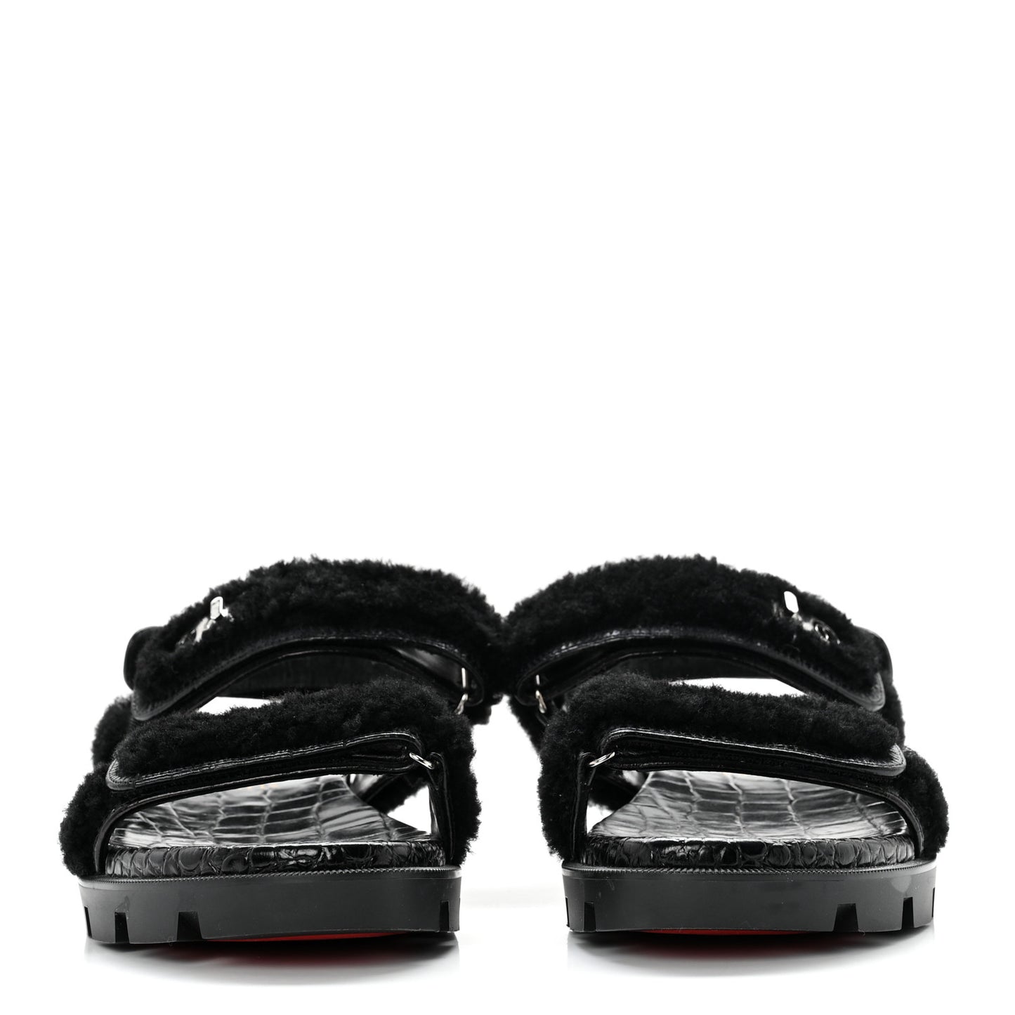 Calfskin Crocodile Embossed Lock Wool Flat Sandals 39 Black