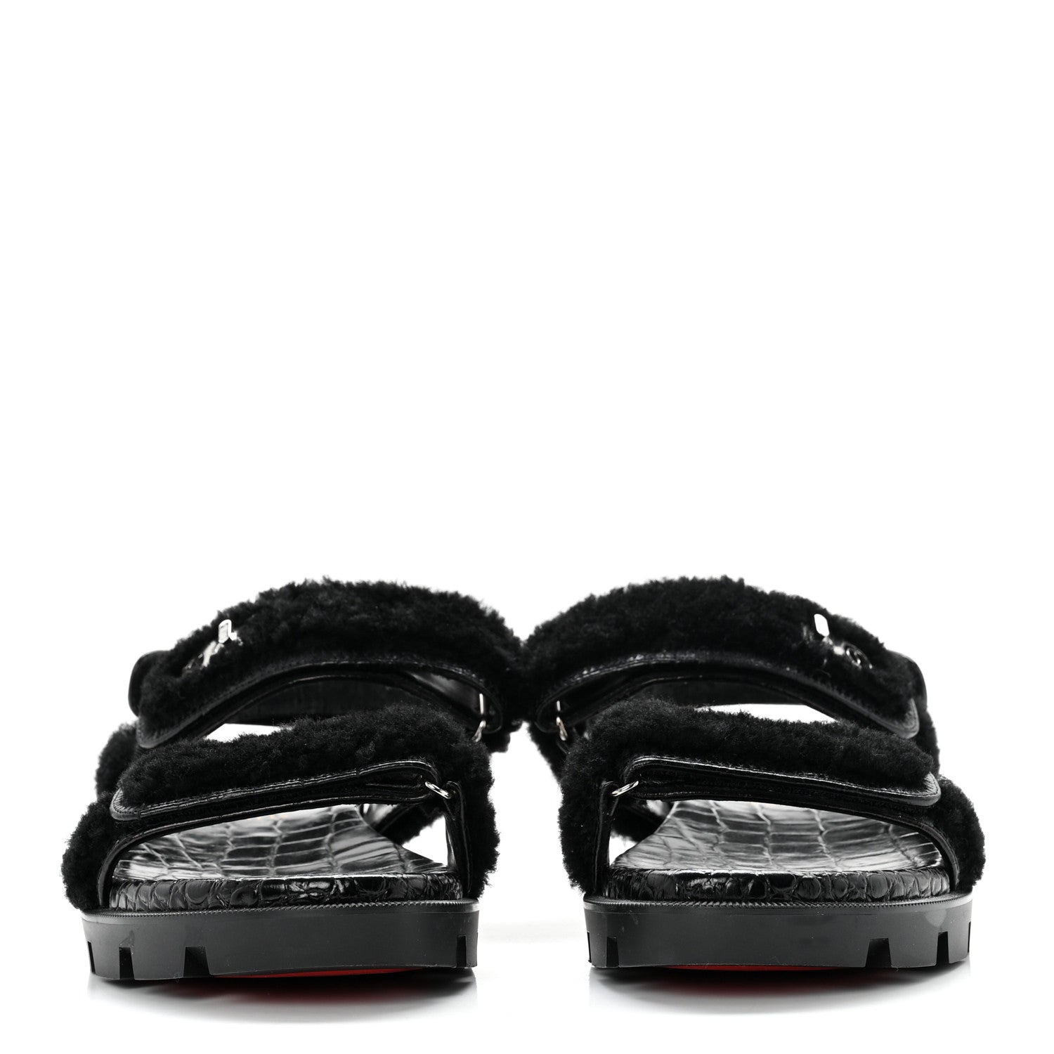 Christian Louboutin Calfskin Crocodile Embossed Lock Wool Flat Sandals 39 Black 2 of 7