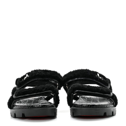 Christian Louboutin Calfskin Crocodile Embossed Lock Wool Flat Sandals 39 Black 2 of 7