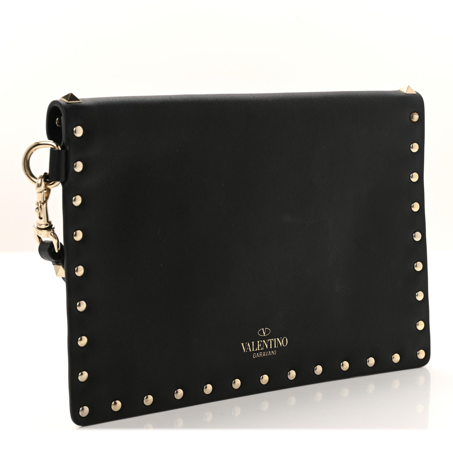 Vitello Medium Rockstud Envelope Flat Wristlet Pouch Black