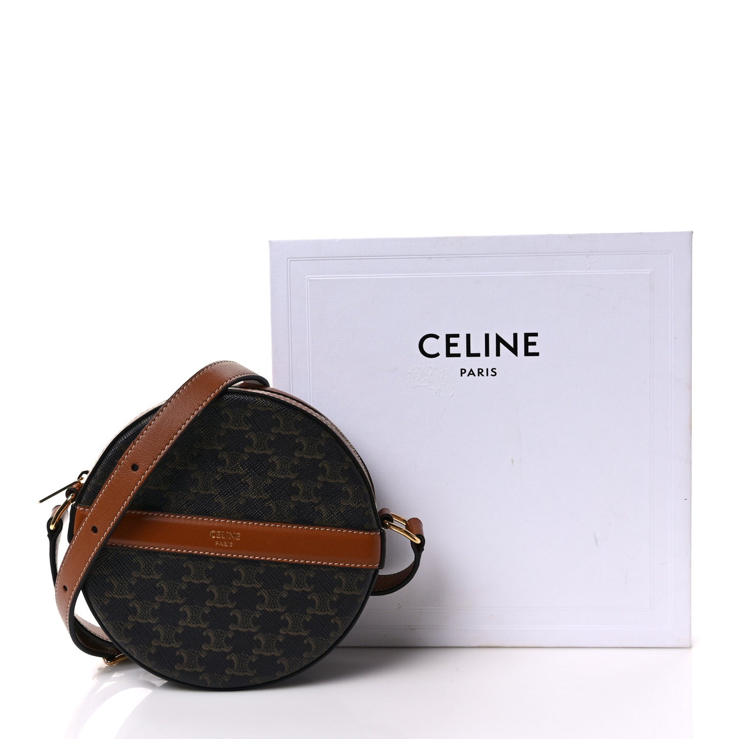 Lambskin Triomphe Canvas Round Purse On Strap Black Tan