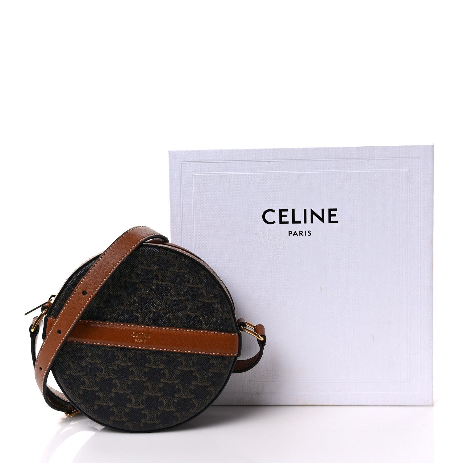 Celine Lambskin Triomphe Canvas Round Purse On Strap Black Tan 10 of 10