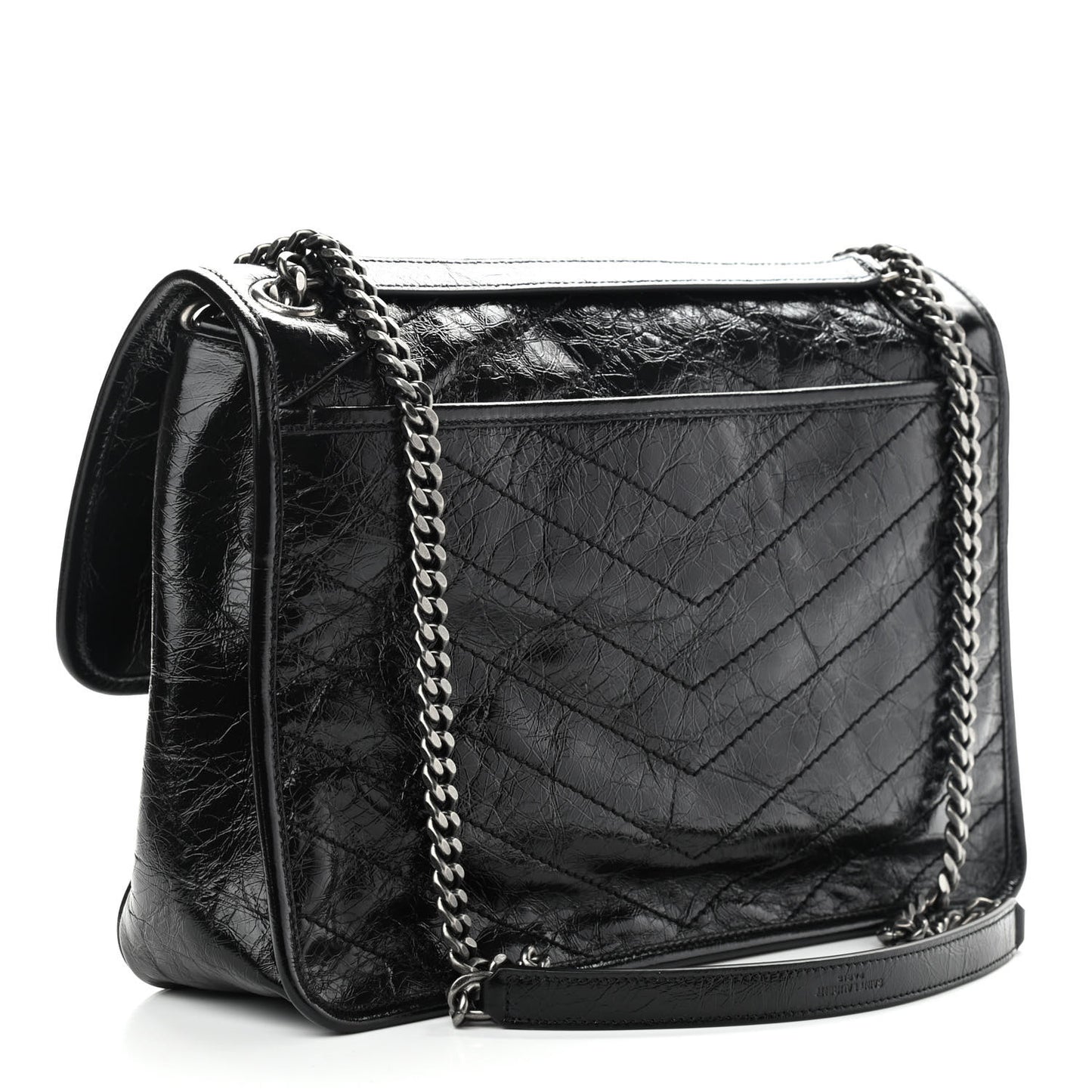Crinkled Calfskin Matelasse Monogram Large Niki Chain Satchel Black