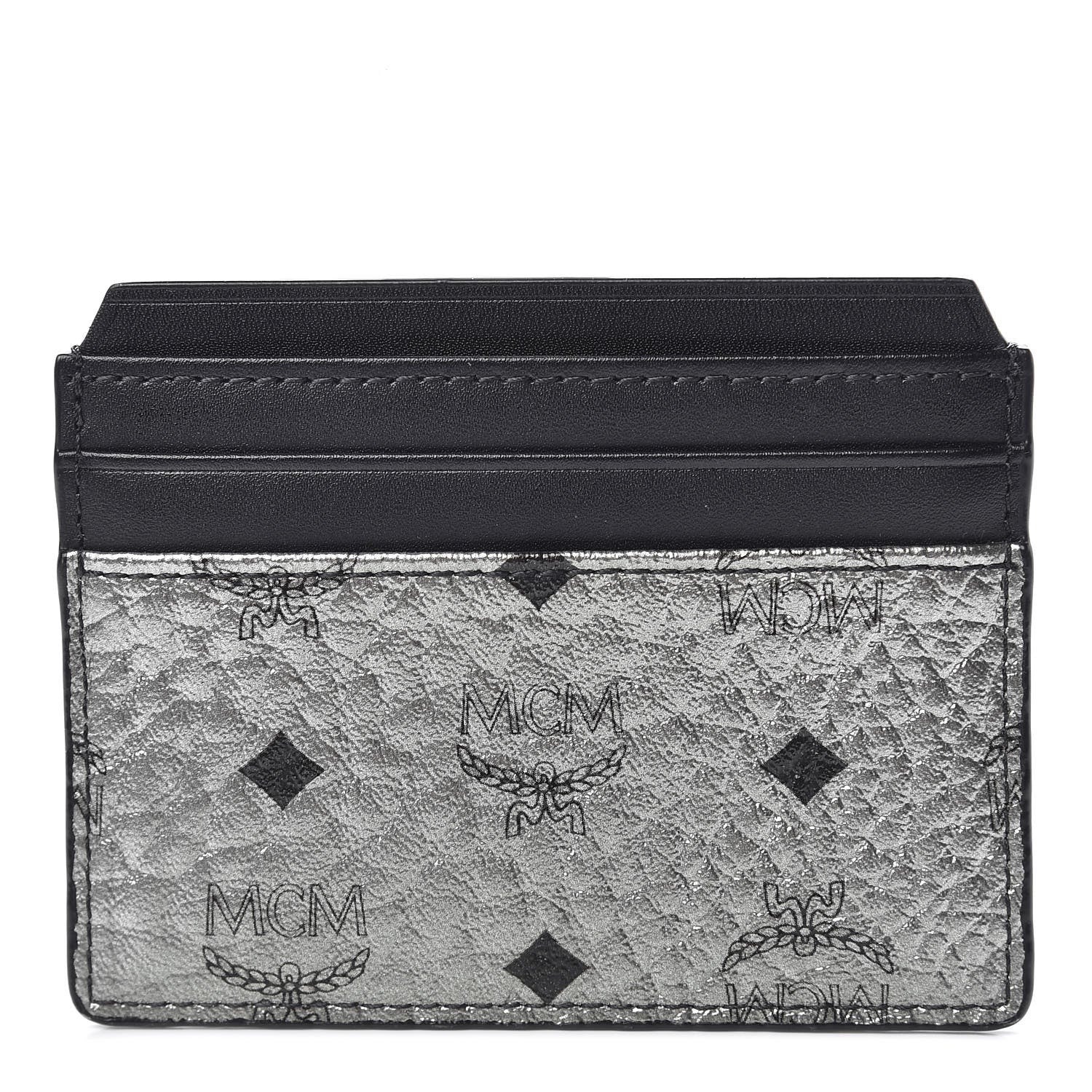 MCM Metallic Visetos Calfskin Card Case Silver Black 1 of 7