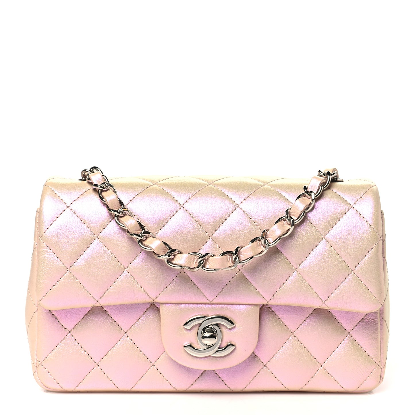 Iridescent Calfskin Quilted Mini Rectangular Flap Pink