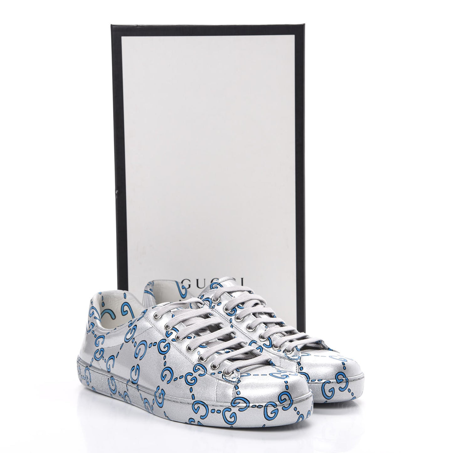 Miro Rubber Wax GucciGhost Print Mens New Ace Sneakers 8.5 Silver
