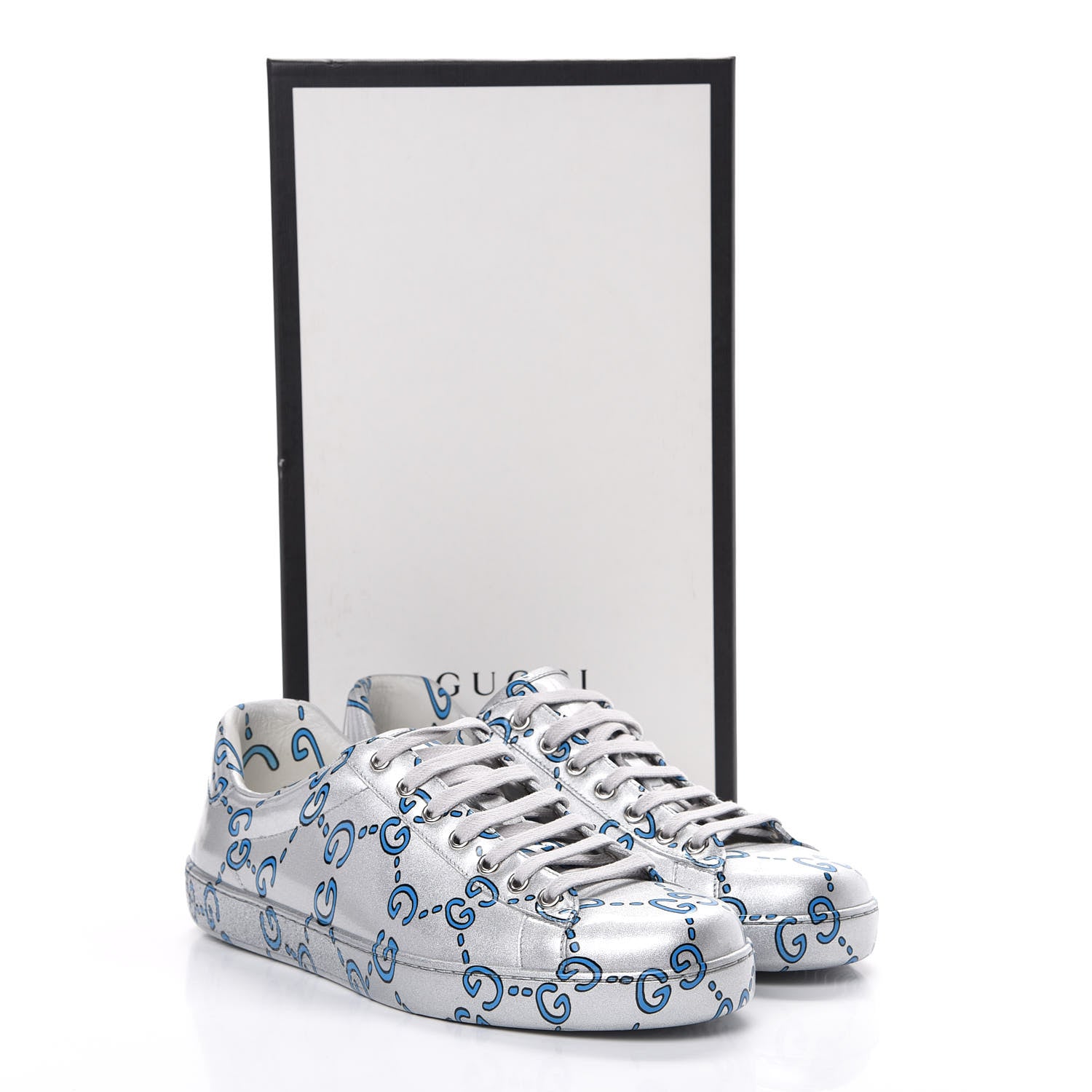 Gucci Miro Rubber Wax GucciGhost Print Mens New Ace Sneakers 8.5 Silver 8 of 8
